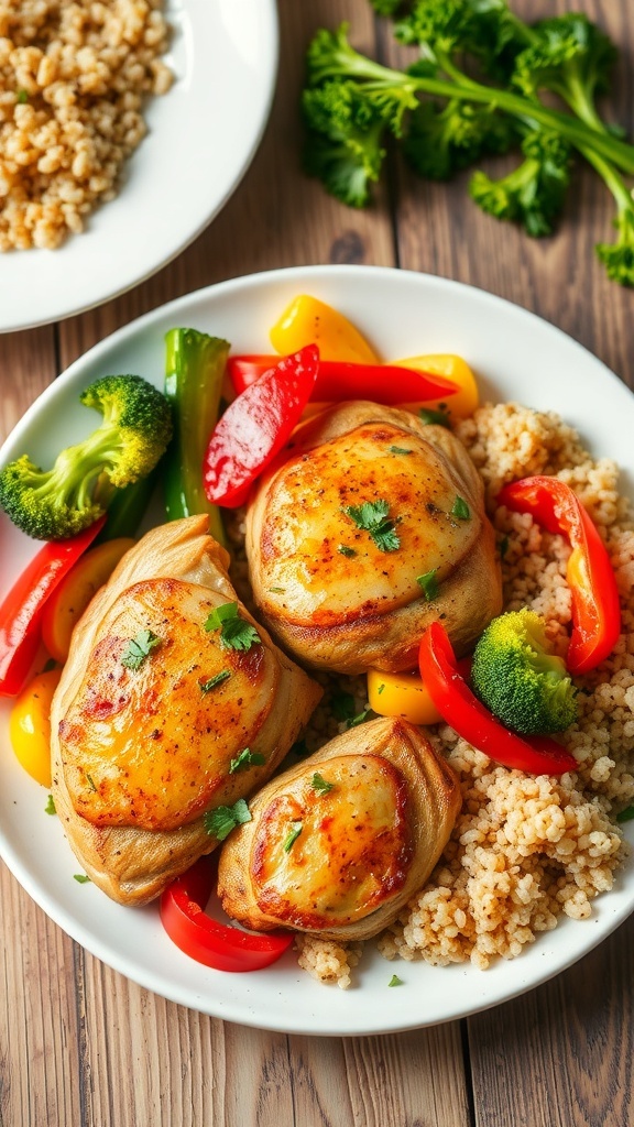 Gluten-free air fryer chicken with bell peppers, zucchini, and broccoli on a plate, garnished with herbs.
